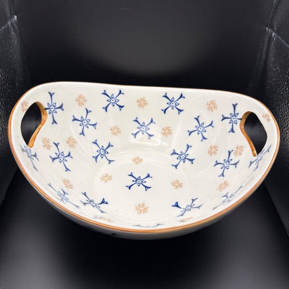 Temp-Tations Oval Ceramic Serving Bowl Handles Blue Gold Atomic Floral Pattern - Picture 3 of 10